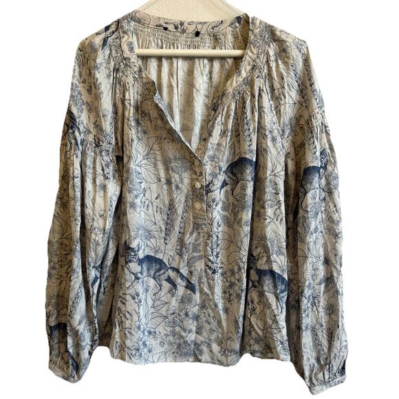 Fox Animal Print Blouse Boho Peasant Shirt Sheer Pinstripe Wildlife Fairy M-L - Picture 11 of 13